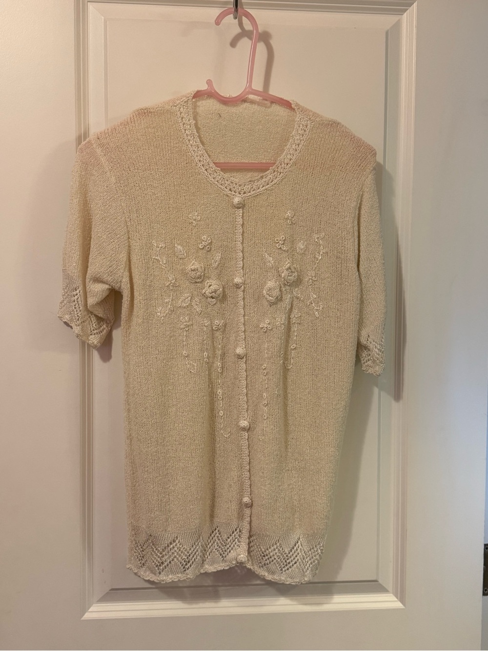 Women's Cream Embroidered Short-Sleeve Cardigan Sweater